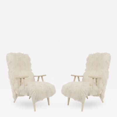 Pair of Mid Century 1950s White Shag Lambs Wool Upholstered High Back Armchairs