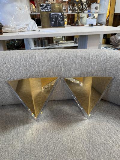 Pair of Mid Century Acrylic and Brass Geometric Sconces 1970s