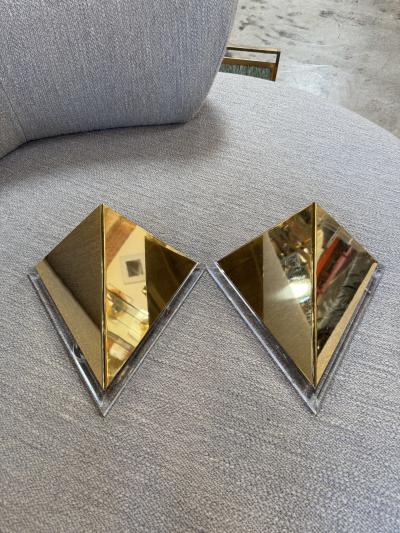 Pair of Mid Century Acrylic and Brass Geometric Sconces 1970s