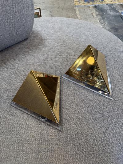 Pair of Mid Century Acrylic and Brass Geometric Sconces 1970s