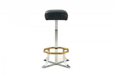 Pair of Mid Century American Polished Chrome Brass and Black Leather Barstools