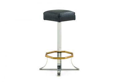 Pair of Mid Century American Polished Chrome Brass and Black Leather Barstools
