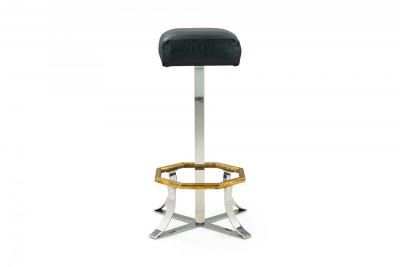 Pair of Mid Century American Polished Chrome Brass and Black Leather Barstools