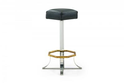 Pair of Mid Century American Polished Chrome Brass and Black Leather Barstools