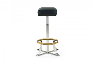 Pair of Mid Century American Polished Chrome Brass and Black Leather Barstools