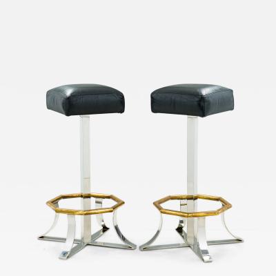 Pair of Mid Century American Polished Chrome Brass and Black Leather Barstools
