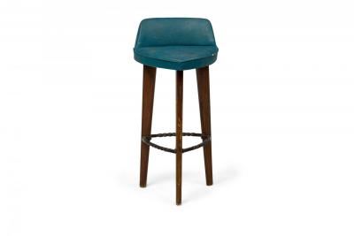 Pair of Mid Century American Triangular Blue Vinyl Upholstered Wood Bar Stools