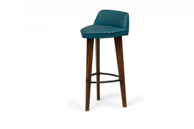 Pair of Mid Century American Triangular Blue Vinyl Upholstered Wood Bar Stools