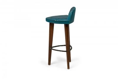 Pair of Mid Century American Triangular Blue Vinyl Upholstered Wood Bar Stools