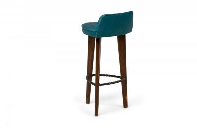 Pair of Mid Century American Triangular Blue Vinyl Upholstered Wood Bar Stools