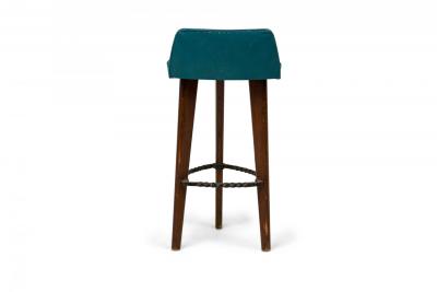 Pair of Mid Century American Triangular Blue Vinyl Upholstered Wood Bar Stools