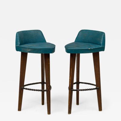 Pair of Mid Century American Triangular Blue Vinyl Upholstered Wood Bar Stools