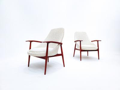 Pair of Mid Century Armchairs in White Boucle