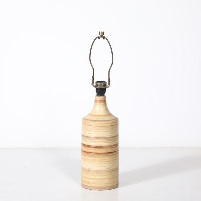 Pair of Mid Century Beige Ceramic Table Lamps w Spun Grooved Detailing