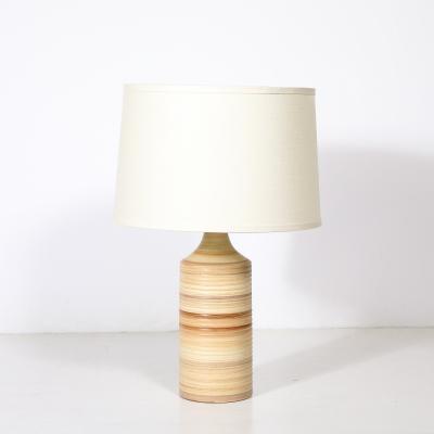 Pair of Mid Century Beige Ceramic Table Lamps w Spun Grooved Detailing