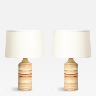 Pair of Mid Century Beige Ceramic Table Lamps w Spun Grooved Detailing
