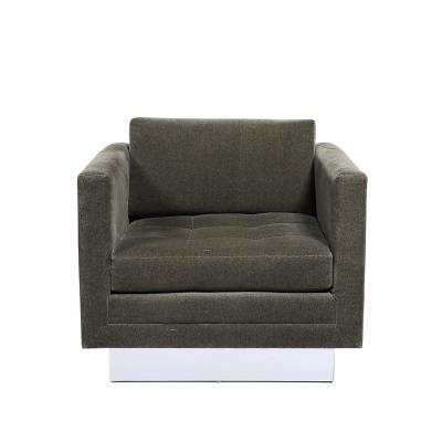 Pair of Mid Century Biscuit Tufted Cube Chairs w Chrome Wrapped Base in Mohair