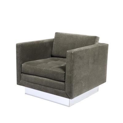 Pair of Mid Century Biscuit Tufted Cube Chairs w Chrome Wrapped Base in Mohair