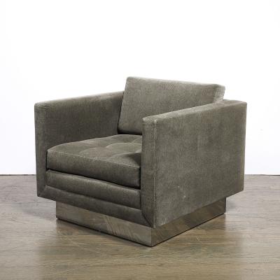 Pair of Mid Century Biscuit Tufted Cube Chairs w Chrome Wrapped Base in Mohair
