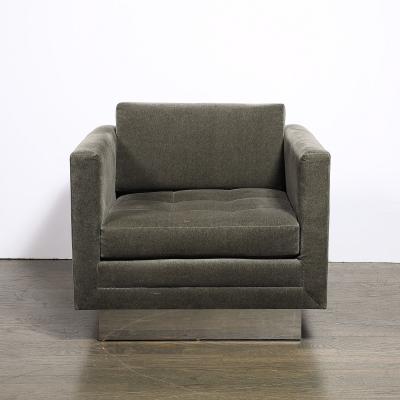 Pair of Mid Century Biscuit Tufted Cube Chairs w Chrome Wrapped Base in Mohair