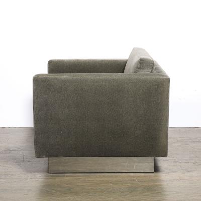 Pair of Mid Century Biscuit Tufted Cube Chairs w Chrome Wrapped Base in Mohair