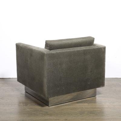 Pair of Mid Century Biscuit Tufted Cube Chairs w Chrome Wrapped Base in Mohair