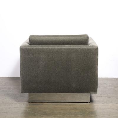 Pair of Mid Century Biscuit Tufted Cube Chairs w Chrome Wrapped Base in Mohair