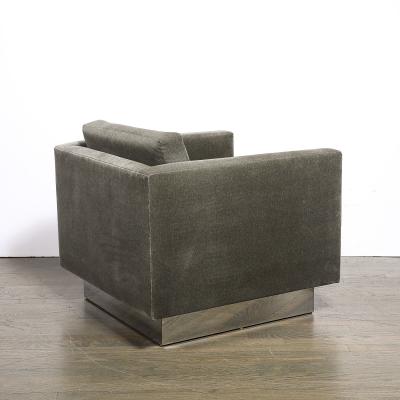 Pair of Mid Century Biscuit Tufted Cube Chairs w Chrome Wrapped Base in Mohair