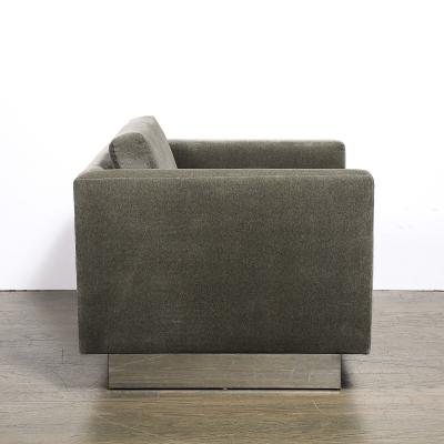 Pair of Mid Century Biscuit Tufted Cube Chairs w Chrome Wrapped Base in Mohair