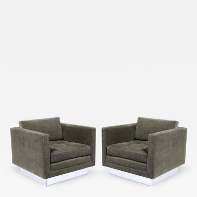 Pair of Mid Century Biscuit Tufted Cube Chairs w Chrome Wrapped Base in Mohair
