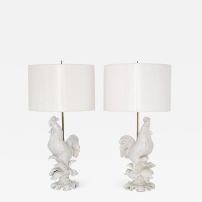 Pair of Mid Century Blanc De Chine Ceramic Rooster Form Table Lamps