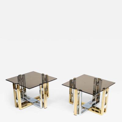 Pair of Mid Century Brass Chrome and Glass Top Side Tables