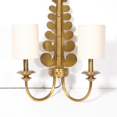 Pair of Mid Century Brass Two Arm Sconces w Sculptural Volute Motif