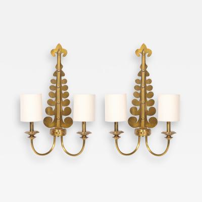 Pair of Mid Century Brass Two Arm Sconces w Sculptural Volute Motif