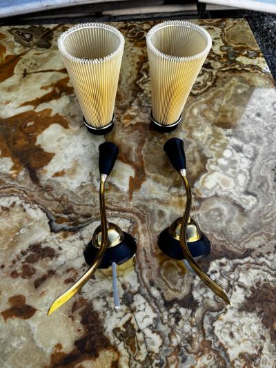 Pair of Mid Century Brass and Wood Danish Sculptural Wall Sconces