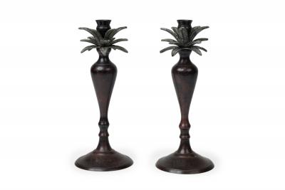 Pair of Mid Century Bronze Palm Tree Candlesticks