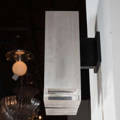 Pair of Mid Century Brushed Aluminum Down Light Sconce with Lucite Detailing