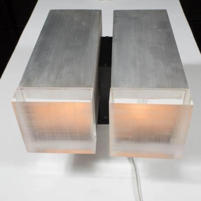 Pair of Mid Century Brushed Aluminum Down Light Sconce with Lucite Detailing