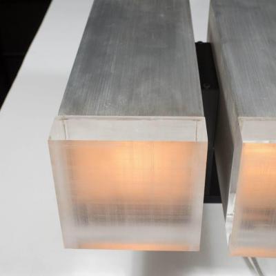 Pair of Mid Century Brushed Aluminum Down Light Sconce with Lucite Detailing