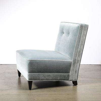 Pair of Mid Century Button Back Detailed Slipper Chairs in Powder Blue Mohair