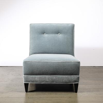 Pair of Mid Century Button Back Detailed Slipper Chairs in Powder Blue Mohair
