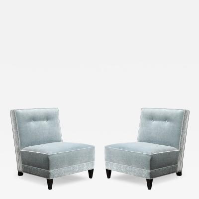 Pair of Mid Century Button Back Detailed Slipper Chairs in Powder Blue Mohair
