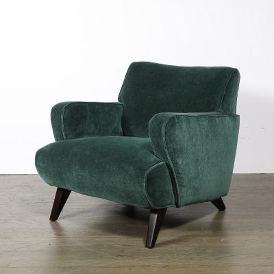 Pair of Mid Century Curvilinear Green Mohair Lounge Chairs w Ebonized Supports