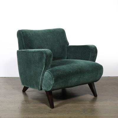 Pair of Mid Century Curvilinear Green Mohair Lounge Chairs w Ebonized Supports