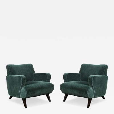 Pair of Mid Century Curvilinear Green Mohair Lounge Chairs w Ebonized Supports