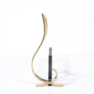 Pair of Mid Century Curvilinear Polished Brass Andirons with Gunmetal Fittings