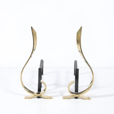 Pair of Mid Century Curvilinear Polished Brass Andirons with Gunmetal Fittings