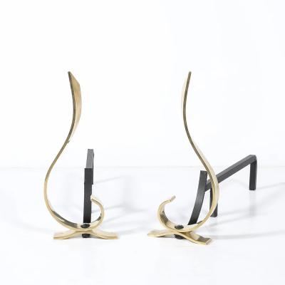 Pair of Mid Century Curvilinear Polished Brass Andirons with Gunmetal Fittings