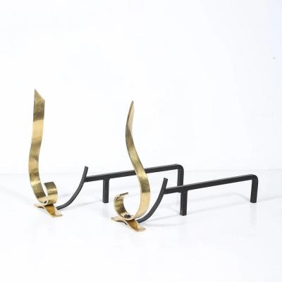 Pair of Mid Century Curvilinear Polished Brass Andirons with Gunmetal Fittings