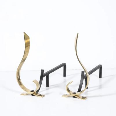 Pair of Mid Century Curvilinear Polished Brass Andirons with Gunmetal Fittings